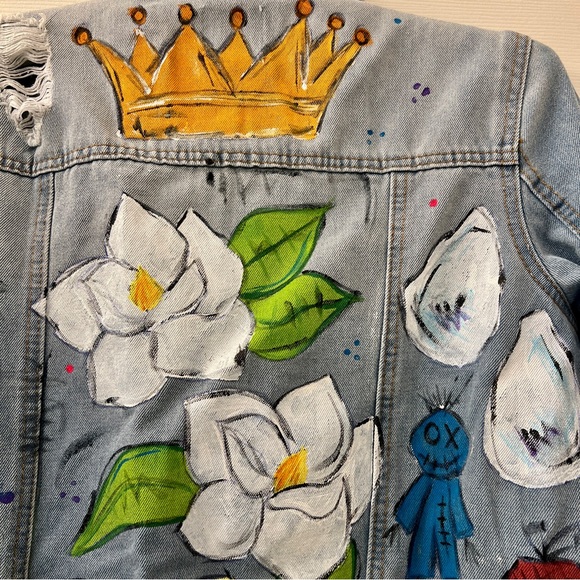 Hand Painted Louisiana Couture Denim Jacket Mardi Gras Ready! - Picture 3 of 12